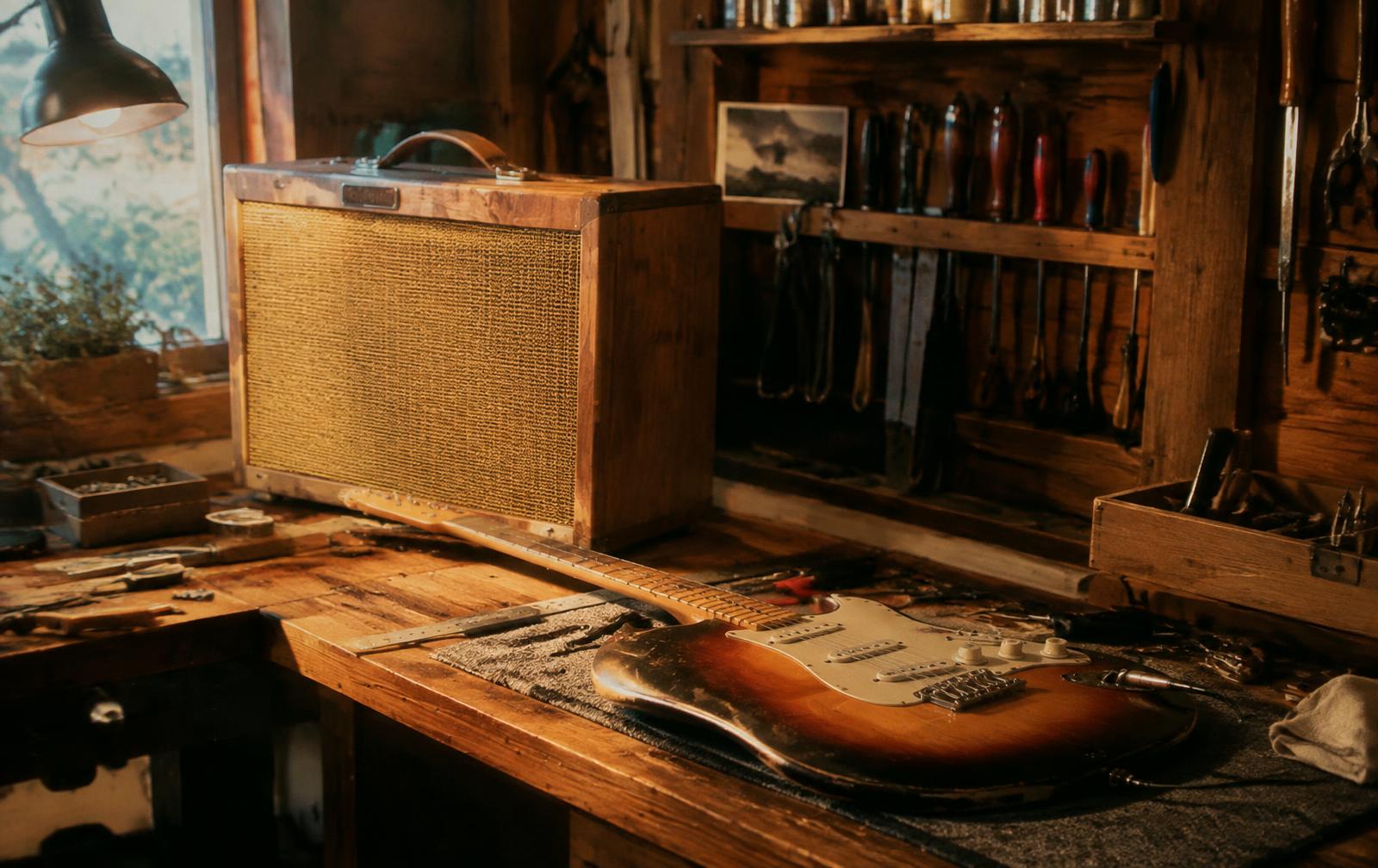 Guitar on the workbench beside an amp cabinet